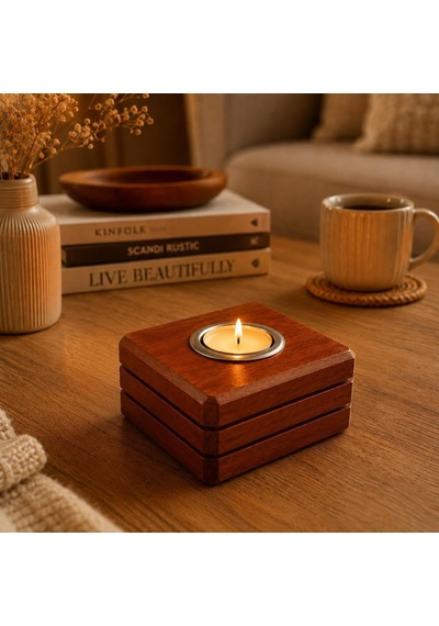 Bfastore El Yapımı Ahşap Tealight Mumluk, Ceviz Rengi, 11x10x7 Cm Çok Renkli