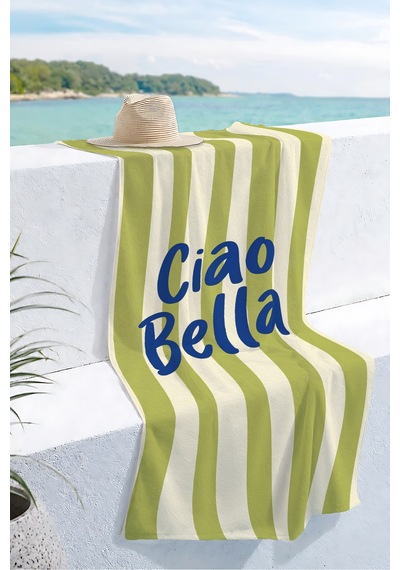 Çizgili Ciao Bella Yeşil Beyaz Plaj Havlusu-modern Minimalist Marine Hızlı Kuruyan Mikrofiber Havlu Çok Renkli
