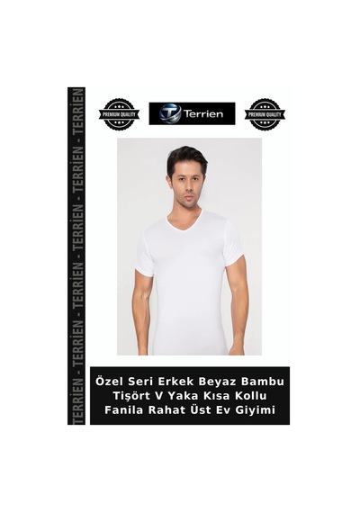 Terrien Özel Seri Erkek Beyaz Bambu Tişört V Yaka Kısa Kollu Fanila Rahat Üst Ev Giyimi
