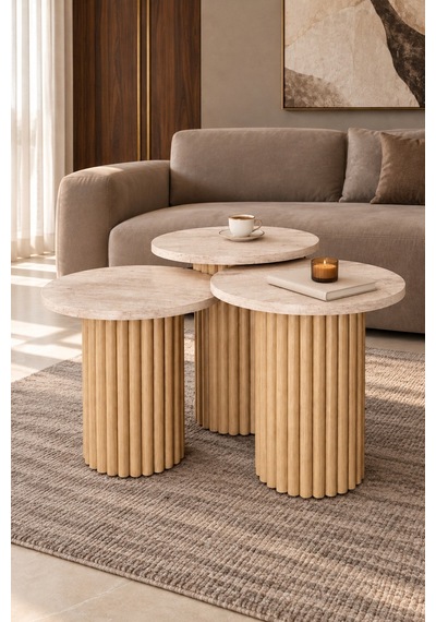 Soyasis Livia Bohem 3'lü Zigon Sehpa 40 Cm - Traverten