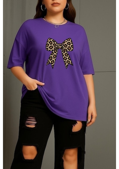 Büyük Leopar Desenli Klurdela Baskılı Unisex Tişört Mor