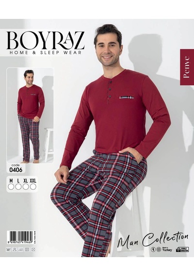 Boyraz 0406 Erkek Uzun Kol Pijama Takımı Kırmızı