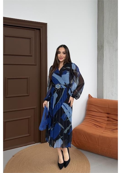Neşeli Butik Kadın Mavi Beli Kemerli Piliseli Kruvaze Yaka Şifon Elbise Nbelb03 Mavi