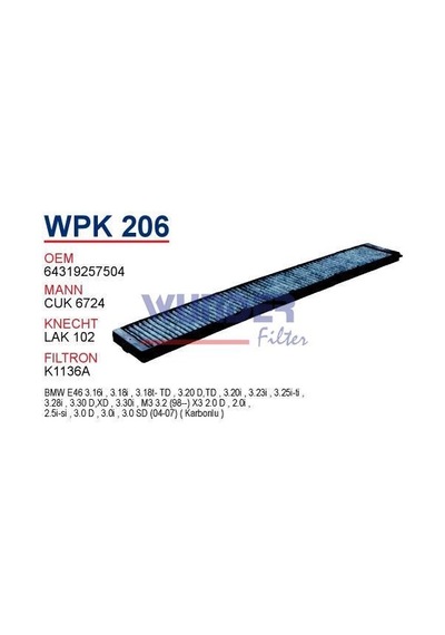 WUNDER WPK206 Polen Filtresi Bmw 3 Serie E46 (Karbonlu)