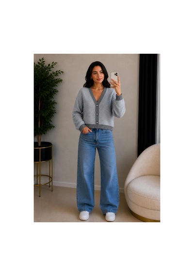Hira Life Fashion Kadın V Yaka Düğmeli Şeritli Kısa Crop Ceket-hırka Gri Gri