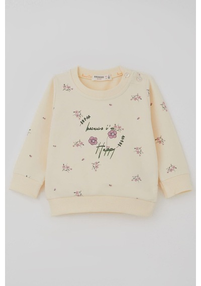 Breeze Kız Bebek Eşofman Takımı Pembe Çiçek Desenli 6 Ay-2 Yaş, Krem