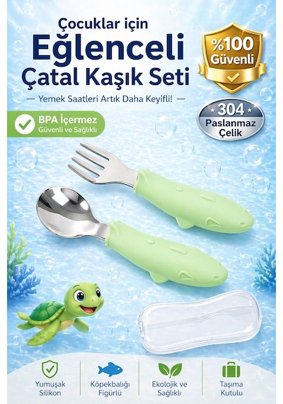 Balık Figürlü Çocuk Paslanmaz Çelik Çatal Ve Kaşık Seti, Saklama Kutusu Yeşil Renk