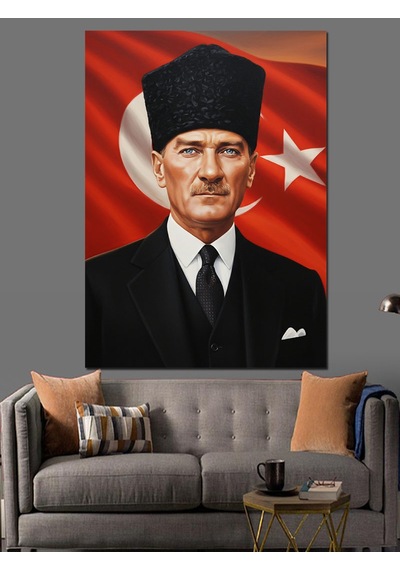 Türk Bayraklı Mustafa Kemal Atatürk Dekoratif Kanvas - Mdf Ahşap Tablo
