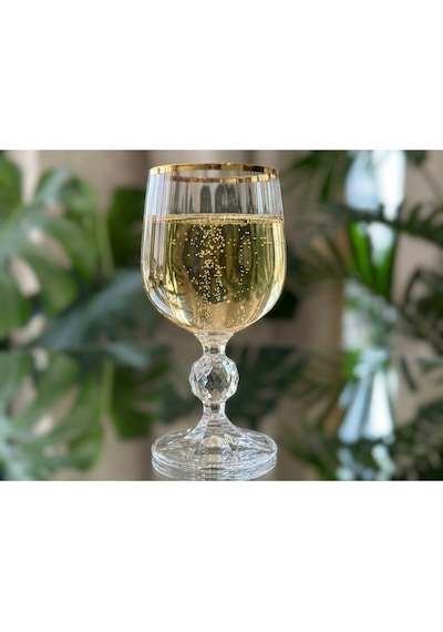 Alfafe Home Bohemia Kristal Optik Kadeh Seti 6 Lı Gerçek Altın Yaldız Ağızlı Şık Cam Kadeh Altın