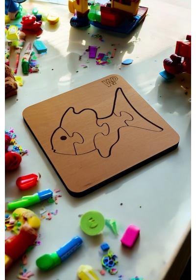 Plywood Ahşap Boyanabilir Çocuklar Puzzle 4mm Balık Boya Setli