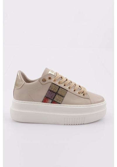 Dgn Es861 Kadin Kalin Taban Silver Taşli Sneakers Ayakkabi ES861-2007-R0152 Bej