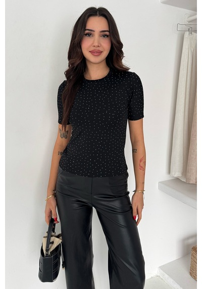 Noa & Noa Kadın Taş Detaylı Kısa Kollu T-shirt Beige Spark Siyah