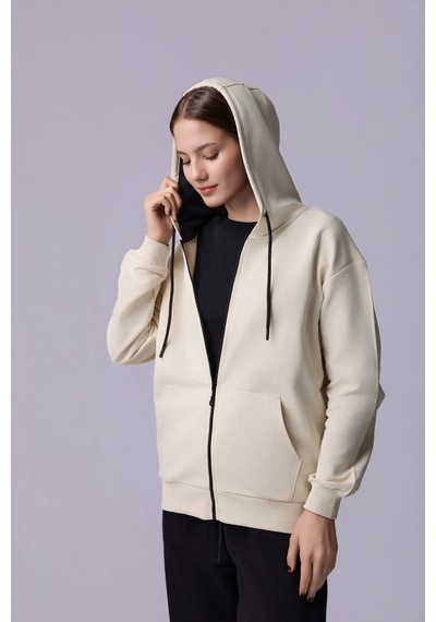 Defys Defy S Kadın Oversize Kapüşonlu Fermuarlı Cepli Sweatshirt Bej - 527346818 Bej
