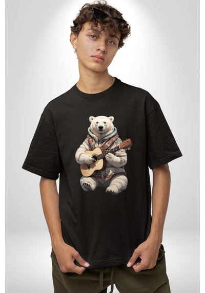 Kutup Ayısı Gitar Polar Çeket Pamuklu Bisiklet Yaka Unisex Oversize Boyfriend Dijital Baskılı Siyah T-shirt Siyah