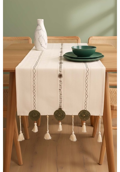 Yeşil Nakışlı Dantelli Runner 50x130 Cm Krem