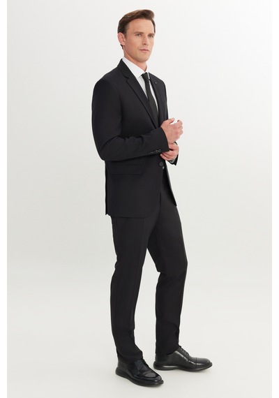 Altınyıldız Classıcs Erkek Sıyah Slim Fit Dar Kesim Mono Yaka Armürlü Esnek Takım Elbise Siyah