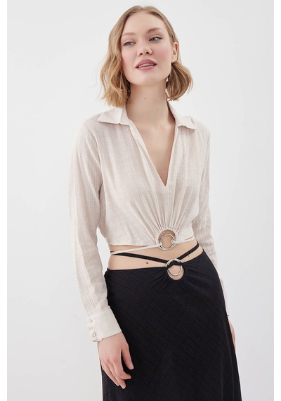 Vitrin Beli Halka Detaylı V Yaka Lastikli Crop Bluz Taş