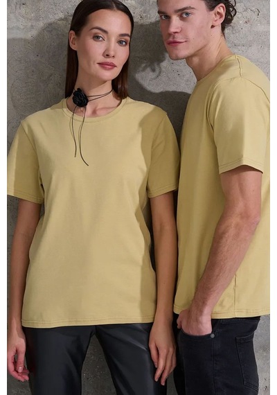 Uyguntarz Unisex Pamuklu Oversize Basic Tshirt Bej