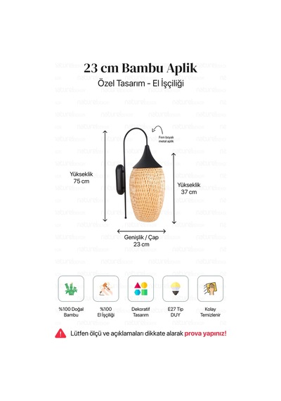 Boja Bambu Siyah Detay Aplik 23x37 Cm İskandinav, Modern, Bohem, Rattan, Aydınlatma Bej