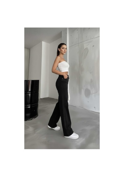Woddi Nvn Flex Yüksek Bel Siyah Kot Pantolon Siyah Salaş Jeans Likralı Esnek Palazzo New Sezon