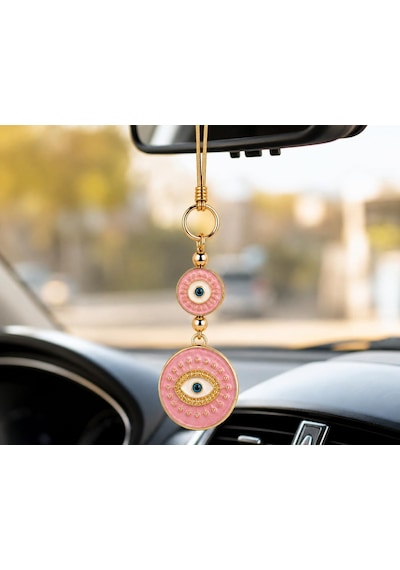 Özel Seri Pembe Nazar Boncuklu Araba Dikiz Aynası Süsü Luxury Gold Detaylı Premium Araç İçi Aksesuar Kad