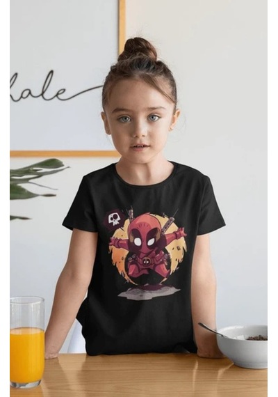 Sevbano Unisex Deadpool Baskılı Film Kahramanı Çocuk Tişört 1-12 Yaş Siyah
