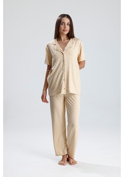 Kompedan Kadın Puantiye Desen Önden Düğmeli Pijama Takım Bej P. Bej