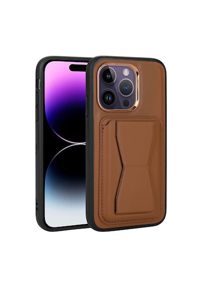Zore İphone 14 Pro Uyumlu Kartlıklı Standlı Pu Deri Ogaa Memo Kılıf-kahverengi