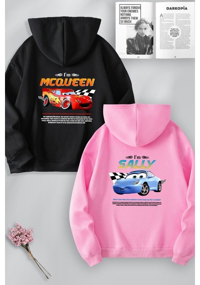 Macklin Sevgili Çift Kombin Şimşek Mcqueen Ve Sally Yarış Sırt Baskılı Kapüşonlu Sweatshirt 2li Takım Siyah Pembe Mck1453 Çok Renkli
