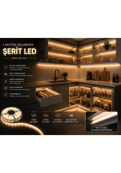 Mutfak Dolab Aydınlatma Şerit Let 12v Gün Işığı 3500 K