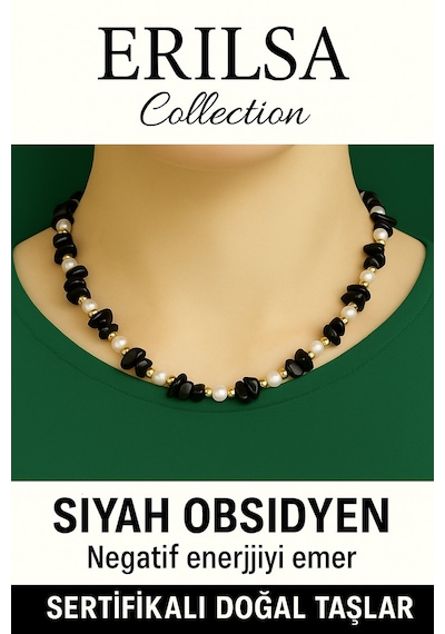 Sertifikalı Kırık Taşlı Model Siyah Obsidyen Taşı Kolye Koruyuc Çok Renkli