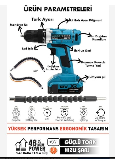 ASRR092  12V 1.5AH Çelik Şanzıman Bakır Sargılı Şarjlı Matkap Vidalama Çift Akülü 30 Parça