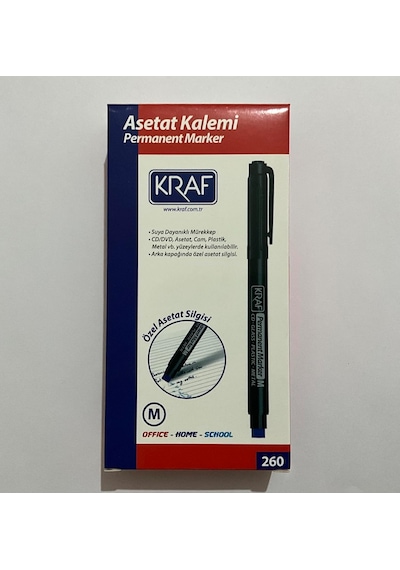 Kraf Permanent Marker, Mavi, Orta Uç M , Silgili, Cd/dvd/cam/plastik/metal Yüzeyler İçin, 12'l