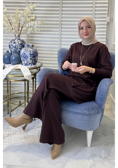 Rabia Şamlı Feryal Pantolonlu Triko Takım Acı Kahve Normal