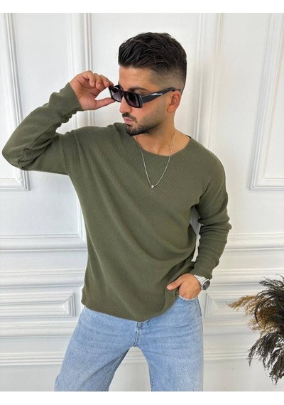 Elku Moda Kazak Oversize Örme Natural Pamuk Tüylenmeyen Kazak Salaş Tarz Triko Sweatshirt Haki - Yeşil