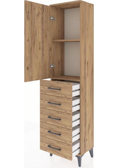 Arges Dolap 2 Raflı 5 Çekmeceli Tek Kapaklı 44x30x182 Çam-çam Çam