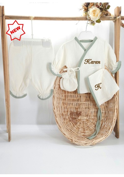 Gros Shop Yeni Doğan Burümcük Müslin Kumaş %100pamuk 4 Lü Hastane Çıkış Set Yeşil