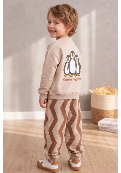 Babymod Çocuk Peguen Desenli Bej Okul Sweatshirt Ve Çizgili Eşofman Takımı