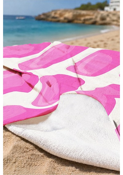 Geometrik Soyut Pembe Plaj Havlusu - Modern Minimalist Fuşya Beyaz Hızlı Kuruyan Mikrofiber Havlu Çiy Kıyısı