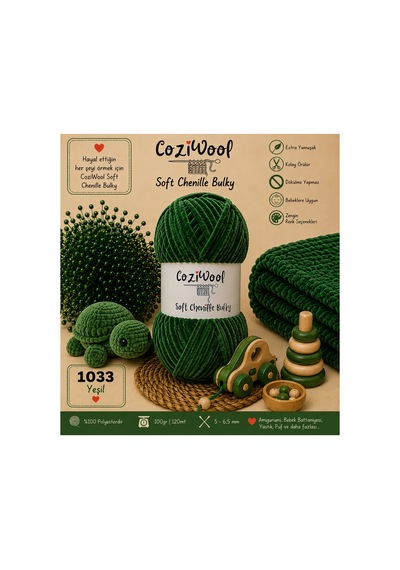 Kadife İp Soft Chenille Bulky 5'li Paket 5x100 Gr 120 Mt El Örgü İpi Yeşil - 875823131