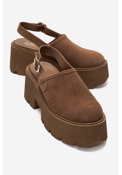 Luvi Shoes Caldrıs Taba Süet Hakiki Deri Önü Kapalı Kalın Tabanlı Kadın Sandalet