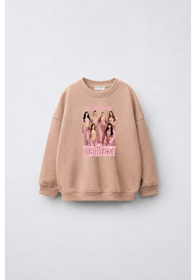 Fasardi Manifest Girls M6nifestgirls Baskılı Oversize Şardonsuz Uzun Kollu Kız Çocuk Sweatshirt Bej