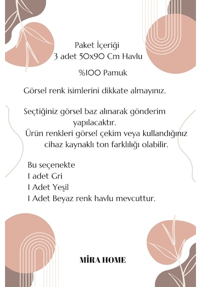 3 Lü Renkli El Yüz Havlu Seti %100 Pamuklu Natural Harmony Yeşil