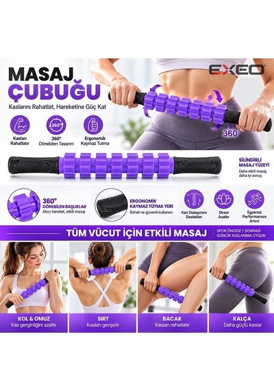 Exeo Foam Roller 5 Li Masaj Egzersiz Seti Rulo Top Direnç Bandı Pilates Yoga Fitness Mor