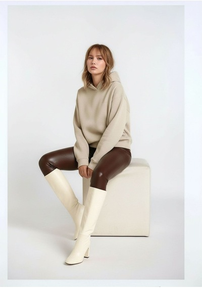 Mamayaga Kadın 3 İplik Kalın Kapüşonlu Oversize Curve Kalıp Uzun Kol Sweatshirt Kazak Bej