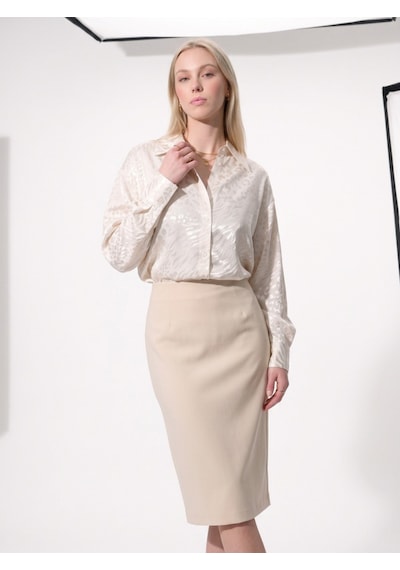 Pera Moda Jakarlı Oversize Uzun Şık Kadın Gömlek Bej