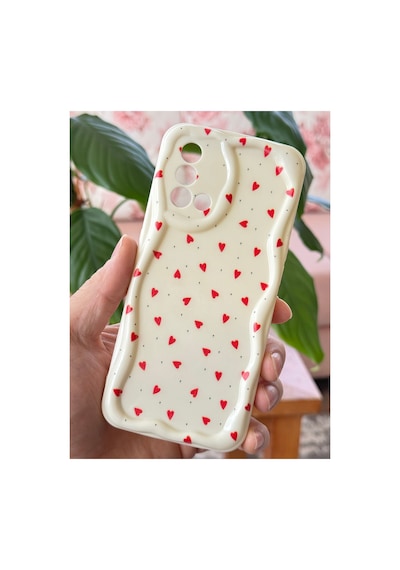 Fibaks Oppo A74 Uyumlu Kılıf Kamera Korumalı Dalga Kenarlı Kırmızı Kalp Desenli Silikon Kapak