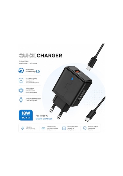 M-10 Smart Charger 18w 5v 3.1a Qualcomm Quick Charge 3.0 Şarj Aleti Usb Girişli Adaptör Type C Şarj Kablosu
