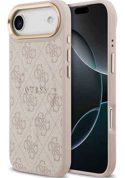 Apple Uyumlu iPhone 17 Air Kılıf Guess Lisanslı M-safe Şarjlı Gold Kamera Çerçeveli Pu Deri Yazı Logolu Pembe
