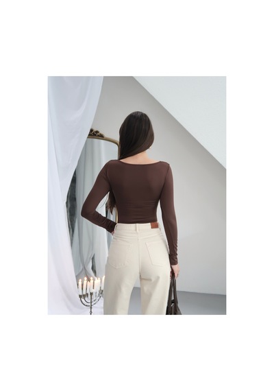 Paw Garage Kadın V Yaka Polyamid Bodysuit Kahverengı